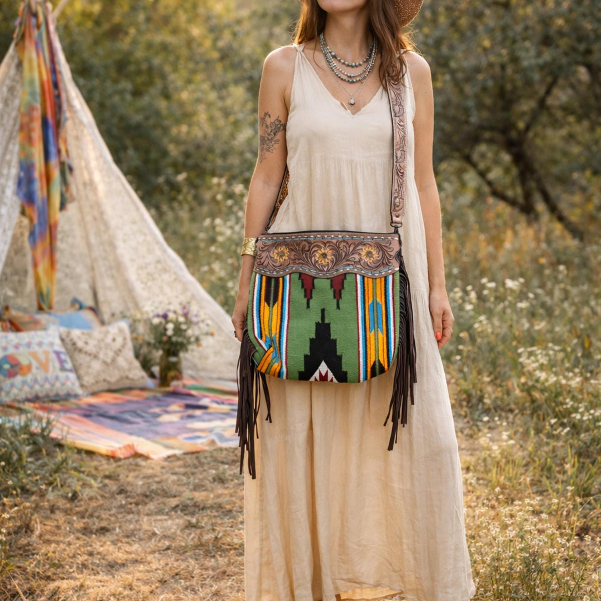 Tooled Sunflower Leather Fringe Purse: Western Aztec Blanket Bag