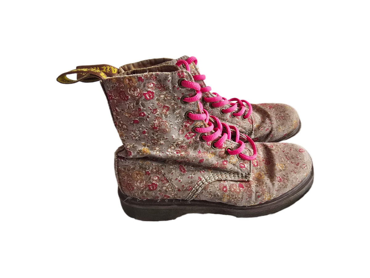 Dr Martens Floral Boots UK 6, Vintage Meadow 8 Eye Boots, Vegan Canvas Combat Boots, Pink Flower Festival Shoes US 8