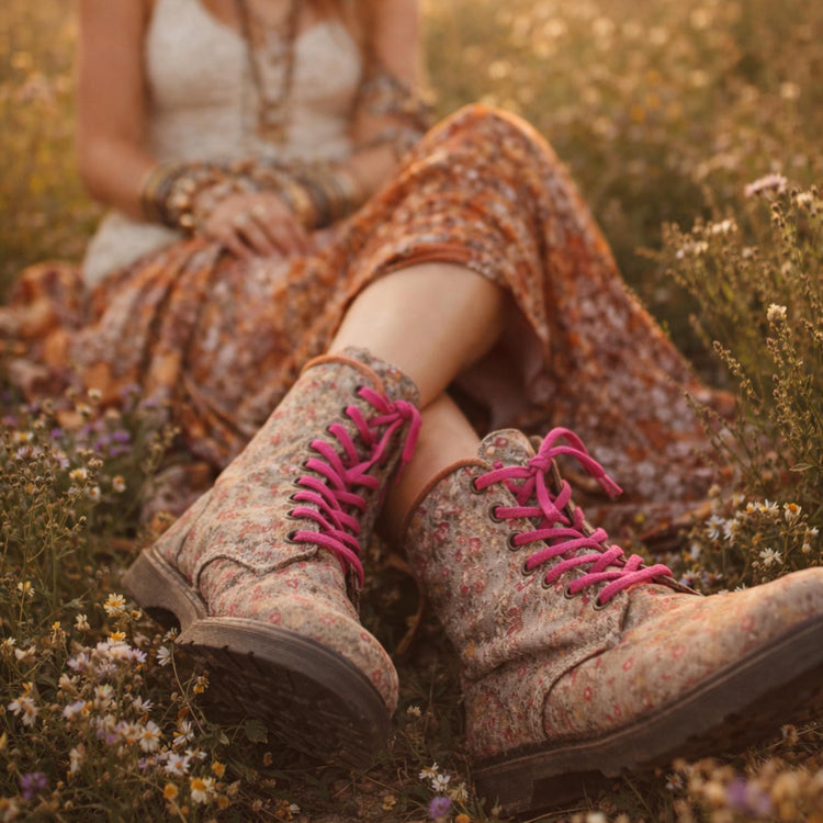 Dr Martens Floral Boots UK 6, Vintage Meadow 8 Eye Boots, Vegan Canvas Combat Boots, Pink Flower Festival Shoes US 8