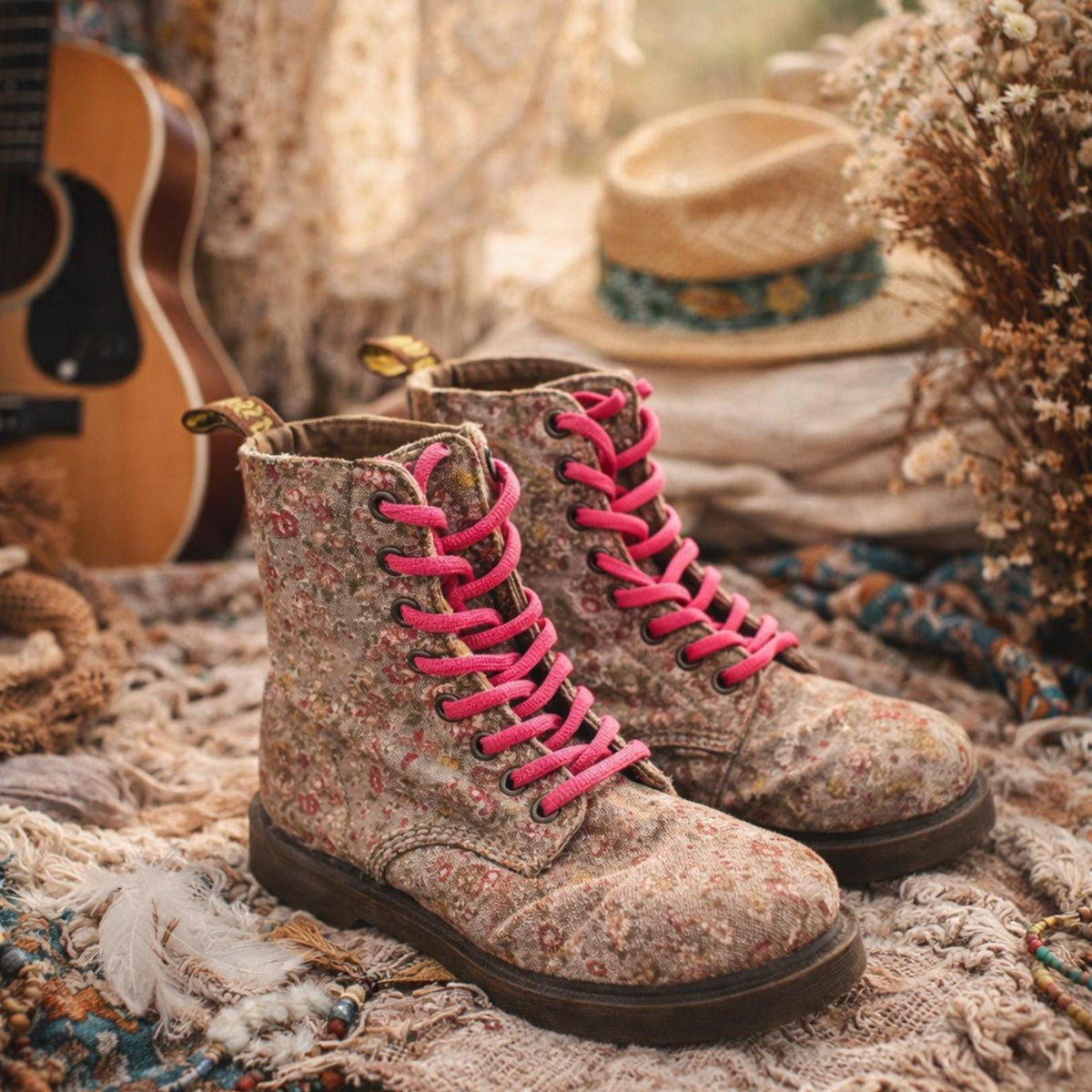 Dr Martens Floral Boots UK 6, Vintage Meadow 8 Eye Boots, Vegan Canvas Combat Boots, Pink Flower Festival Shoes US 8