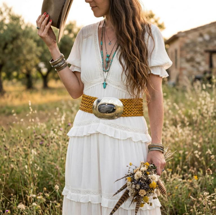 Wide Braided Leather Belt: Boho Western Buckle with Stone