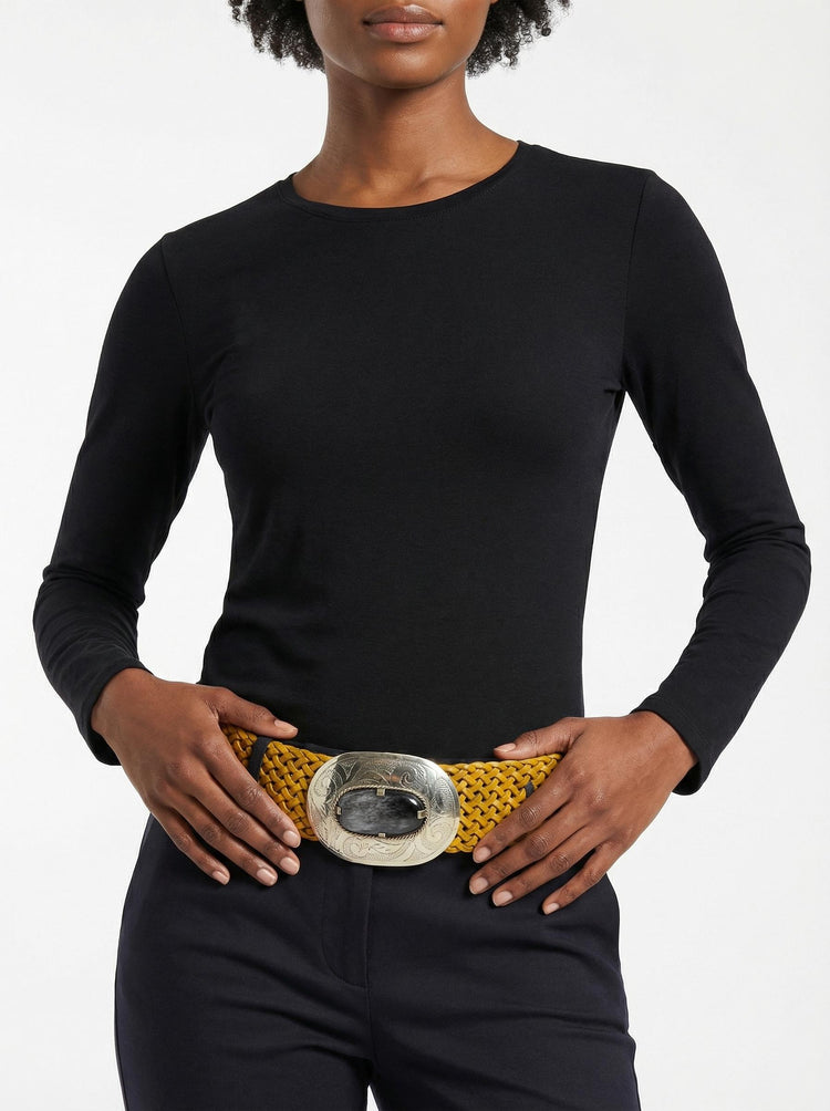 Wide Braided Leather Belt: Boho Western Buckle with Stone