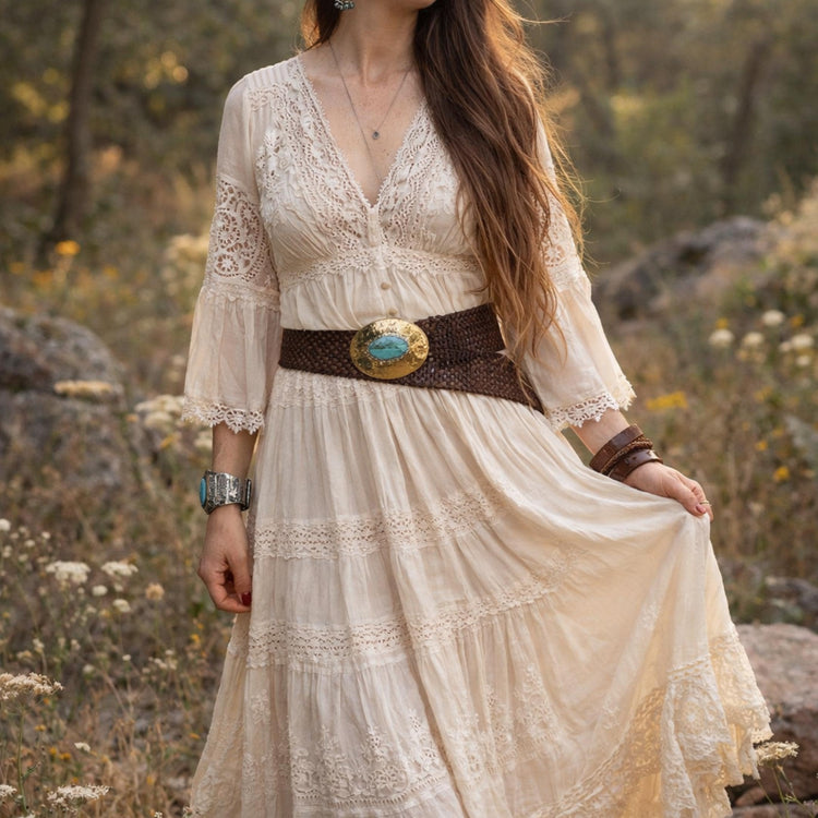Wide Braided Leather Belt: Boho Western Buckle with Stone