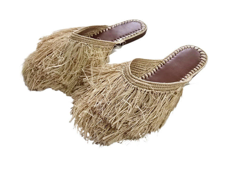 Raffia Fringe Loafers Women EU 40 UK 6.5, Moroccan Handmade Mules, Boho Wedding Shoes, Summer Raffia Slippers