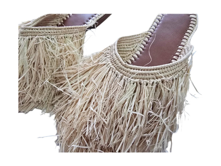 Raffia Fringe Loafers Women EU 40 UK 6.5, Moroccan Handmade Mules, Boho Wedding Shoes, Summer Raffia Slippers