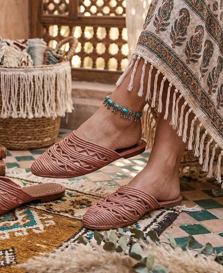 Natural Raffia Mules Women 40, Moroccan Handmade Slippers , Boho Summer Sandals, Leather Sole Slide Shoes UK 6.5 / US 8.5