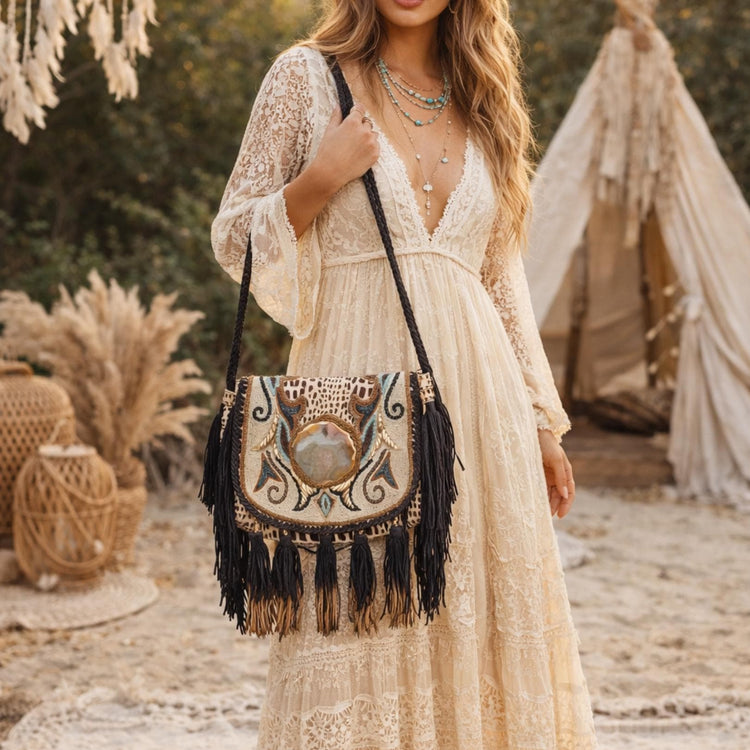 Cowhide Leather Shoulder Bag: Beaded Boho Fringe Tote with Quartz