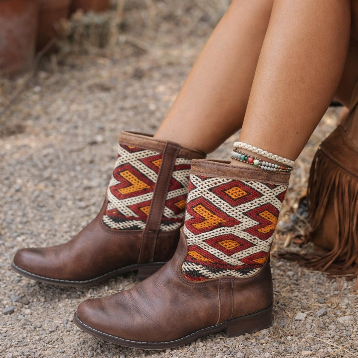 Moroccan Kilim Carpet Boots 41: Leather Western Ankle Boots US 9