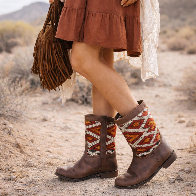 Moroccan Kilim Carpet Boots 41: Leather Western Ankle Boots US 9