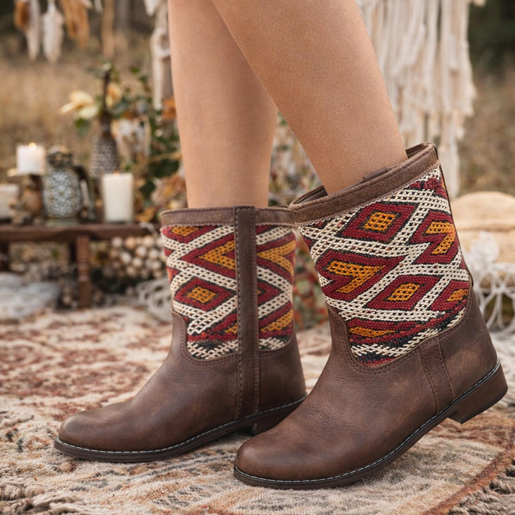Moroccan Kilim Carpet Boots 41: Leather Western Ankle Boots US 9