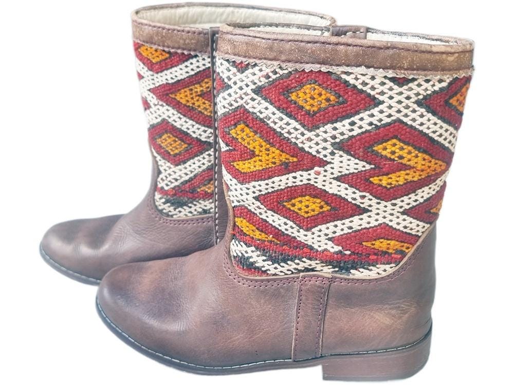 Moroccan Kilim Carpet Boots 41: Leather Western Ankle Boots US 9