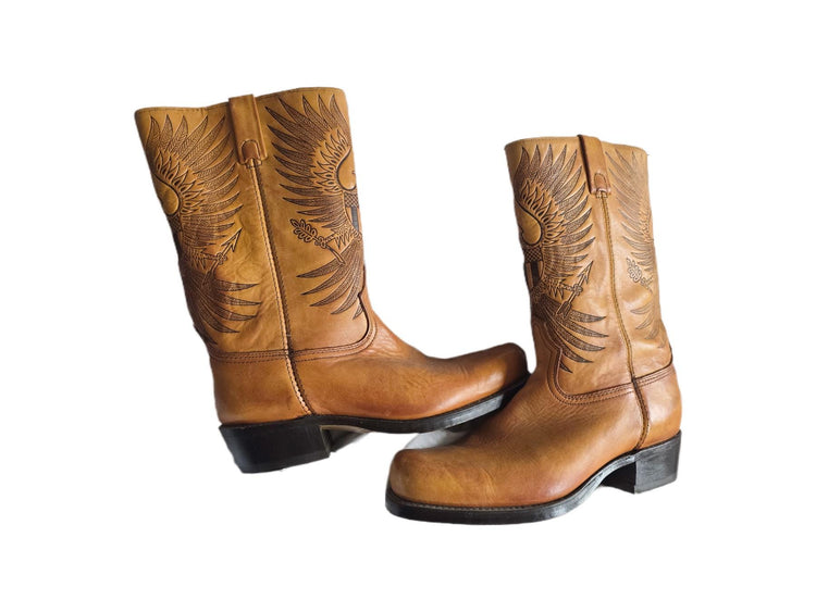 Vintage Tooled Tan Leather Biker Boots UK 8.5, Western Boots Men, Eagle Design Knee High Motorcycle Boots Women 42.5, American Workwear