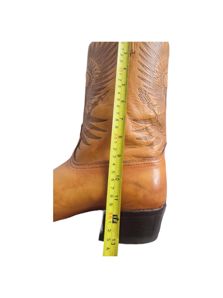 Vintage Tooled Tan Leather Biker Boots UK 8.5, Western Boots Men, Eagle Design Knee High Motorcycle Boots Women 42.5, American Workwear