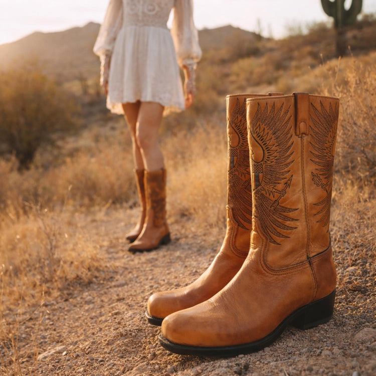 Vintage Tooled Tan Leather Biker Boots UK 8.5, Western Boots Men, Eagle Design Knee High Motorcycle Boots Women 42.5, American Workwear
