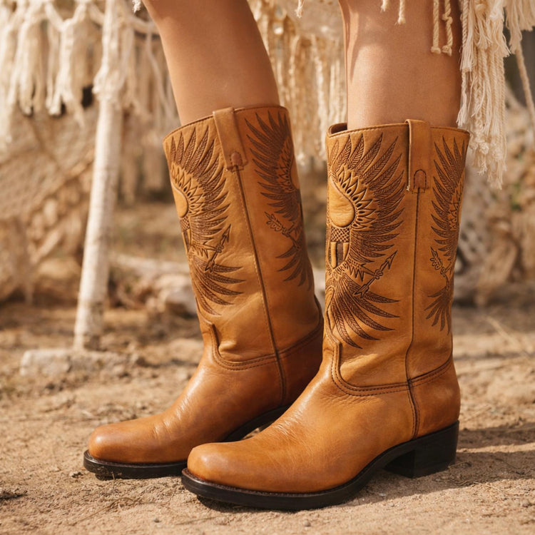 Vintage Tooled Tan Leather Biker Boots UK 8.5, Western Boots Men, Eagle Design Knee High Motorcycle Boots Women 42.5, American Workwear