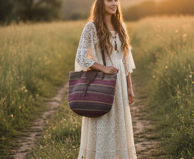 Vintage Sisal Bucket Bag, African Kiondo Basket, Boho Leather Tote Bag, 70s Hippie Shopper, Handwoven Bag