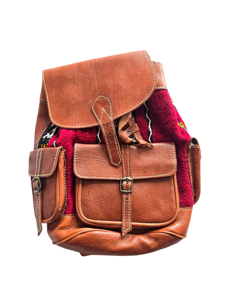 Vintage Moroccan Backpack, Boho Leather Rucksack, Aztec Carpet Travel Bag 70s