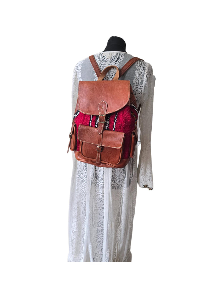Vintage Moroccan Backpack, Boho Leather Rucksack, Aztec Carpet Travel Bag 70s