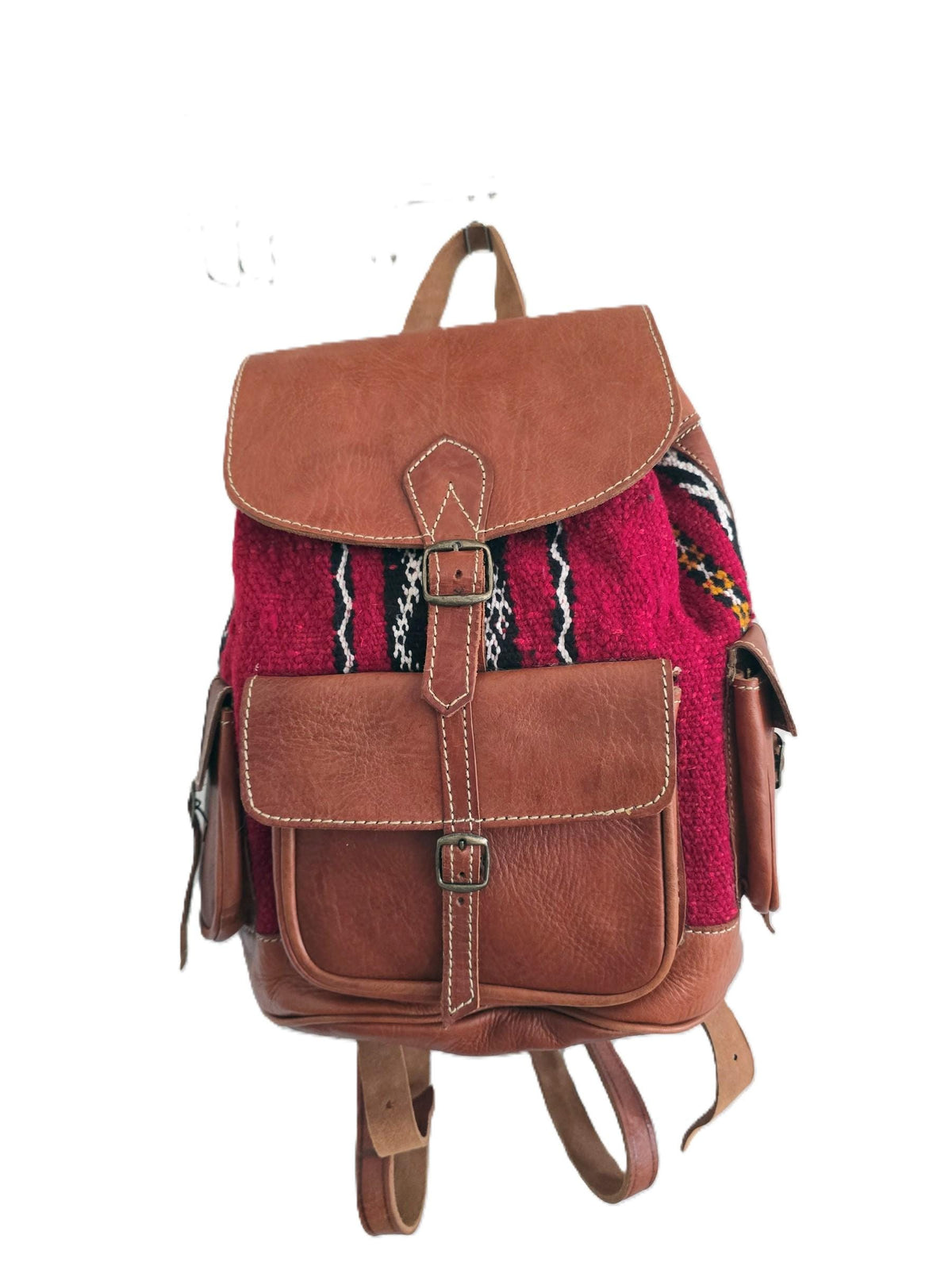 Vintage Moroccan Backpack, Boho Leather Rucksack, Aztec Carpet Travel Bag 70s