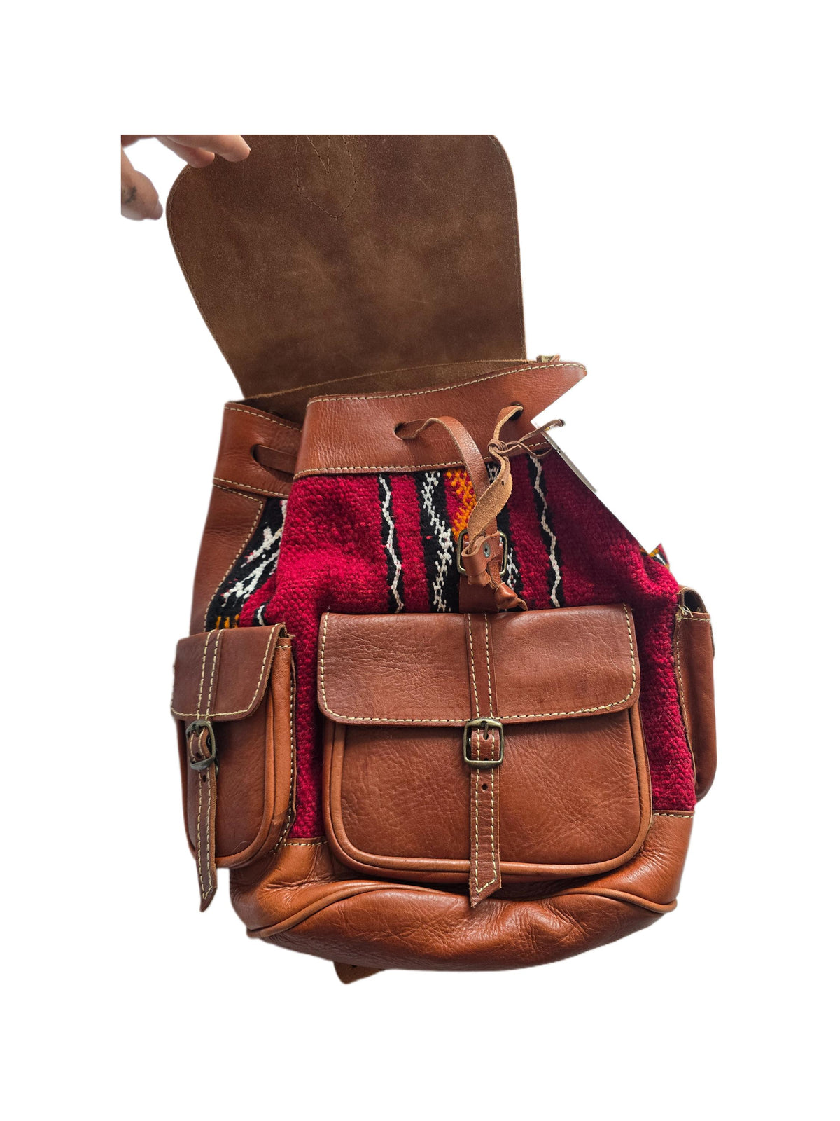 Vintage Moroccan Backpack, Boho Leather Rucksack, Aztec Carpet Travel Bag 70s