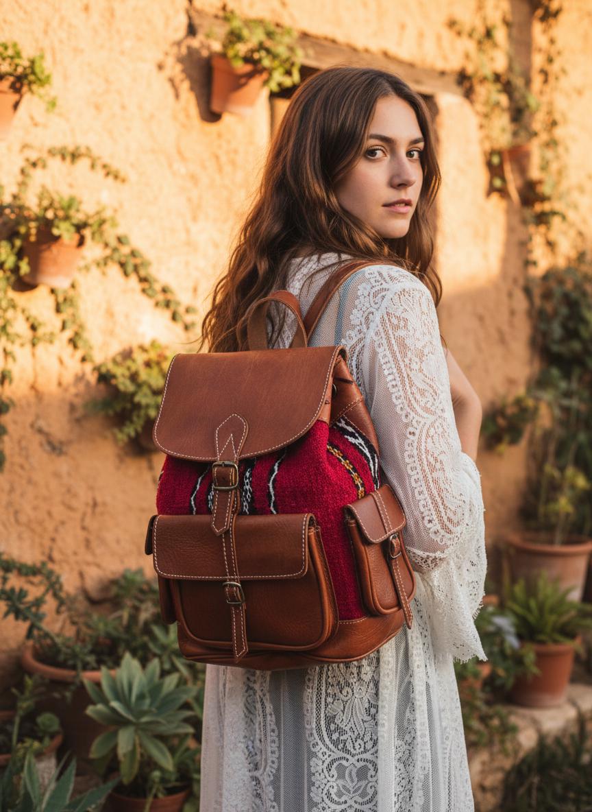 Vintage Moroccan Backpack, Boho Leather Rucksack, Aztec Carpet Travel Bag 70s