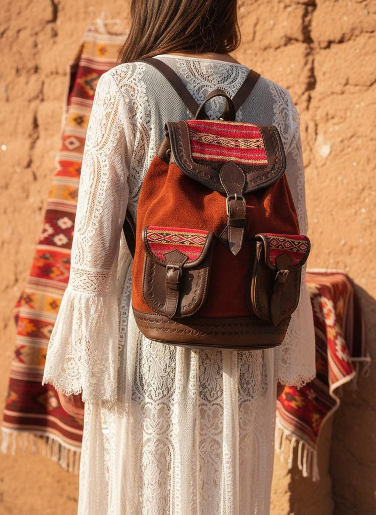Tooled Leather Backpack, Aztec Boho Rucksack, Ethnic Purse, Woven Peruvian Blanket, Vintage Moroccan Travel Bag