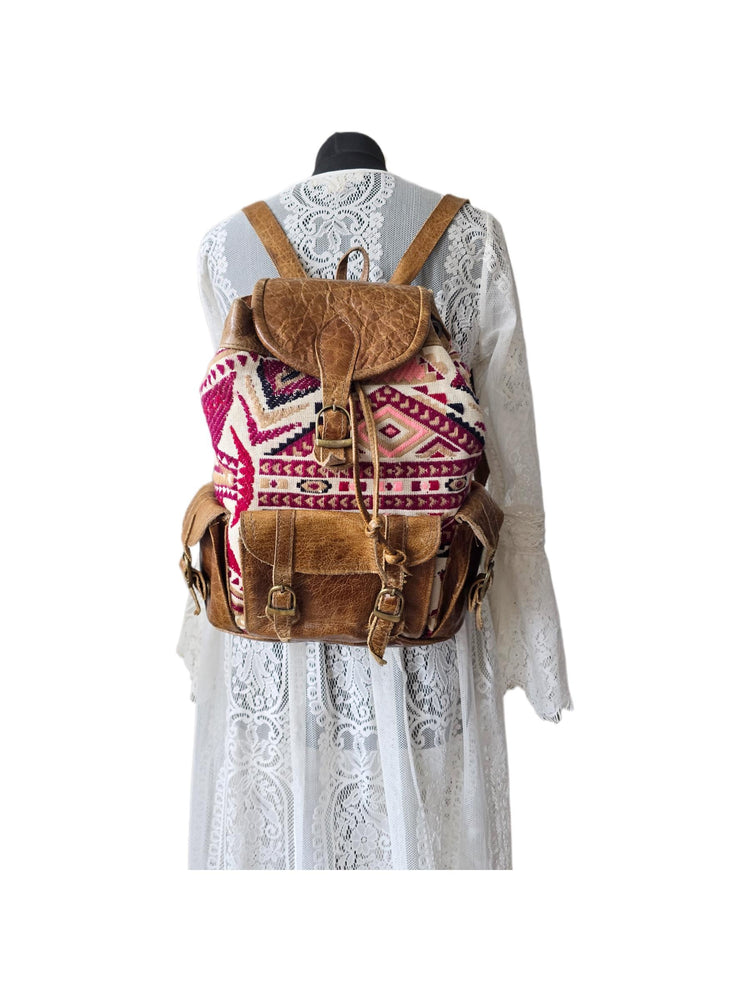 Aztec Leather Backpack, Boho Rucksack, Woven Blanket, Tribal Carpet, Festival Bag, Vintage Hippie Purse