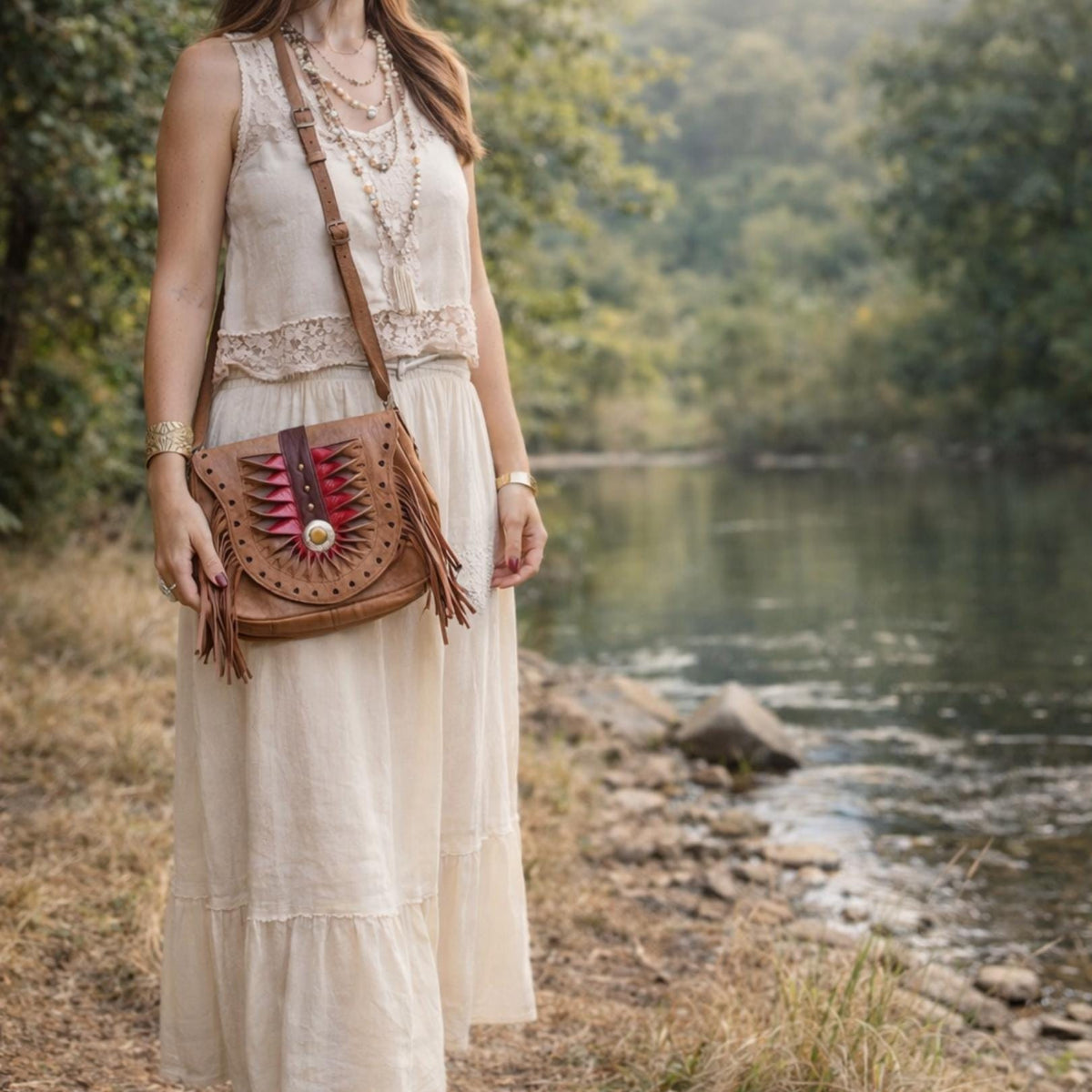 Unique women leather crossbody bag with fringe and hearts - tooled leather purse medium size