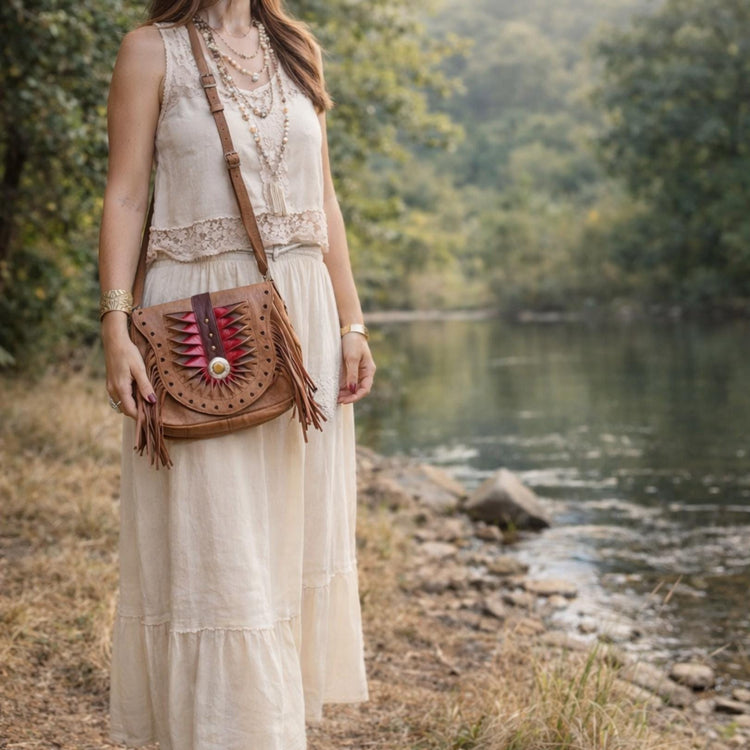 Unique women leather crossbody bag with fringe and hearts - tooled leather purse medium size