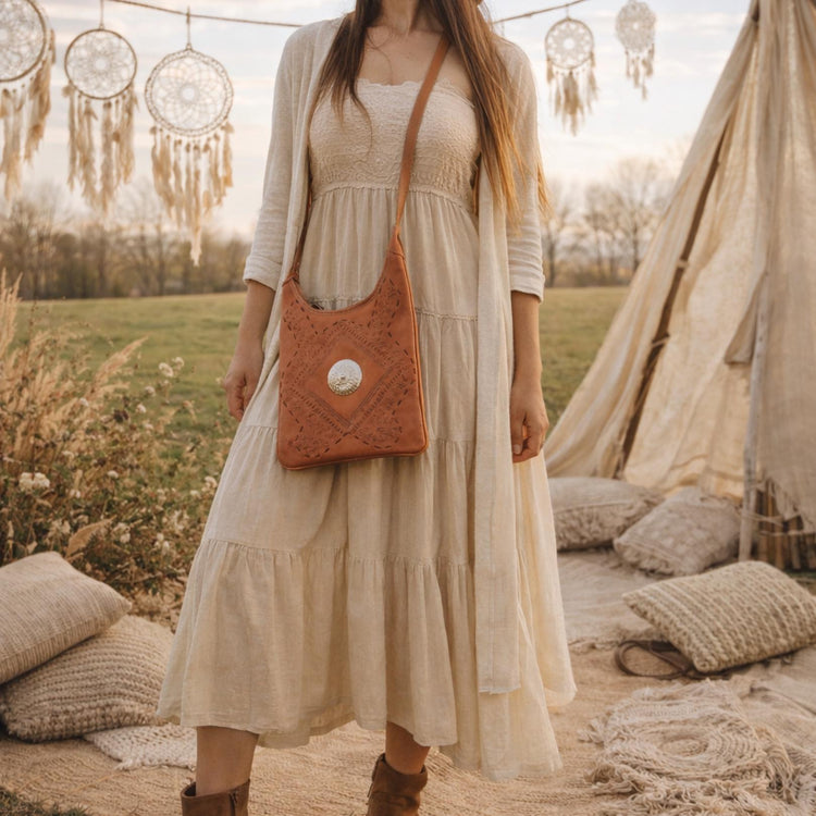 Hand Tooled Leather Tote Bag: Berber Tribal Design, Crossbody Purse