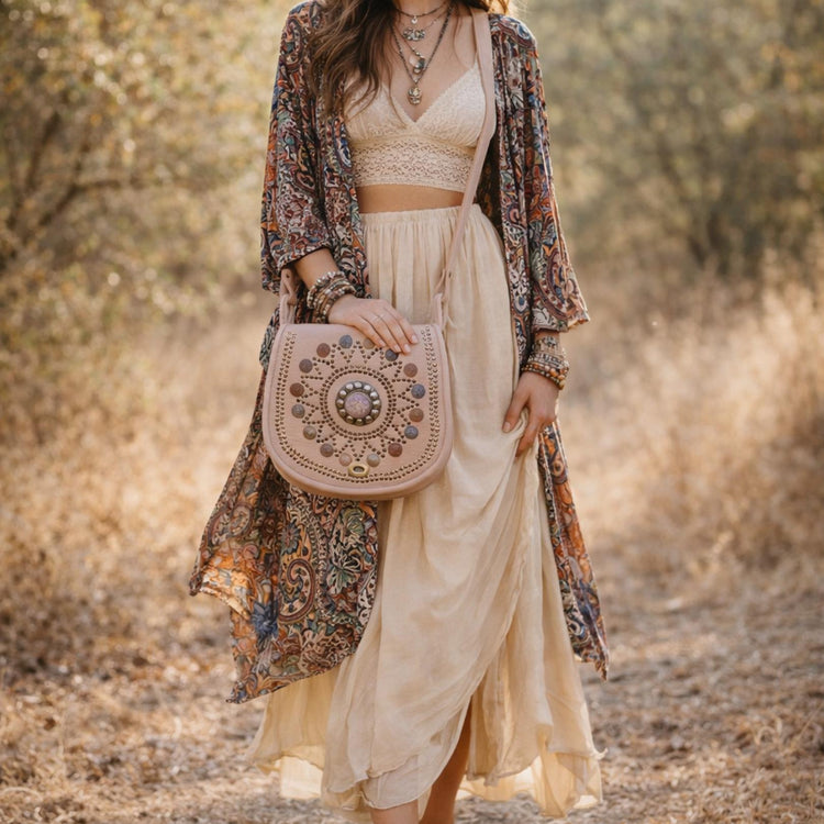 Boho Leather Crossbody Bag: Mandala, Crystals & Coins