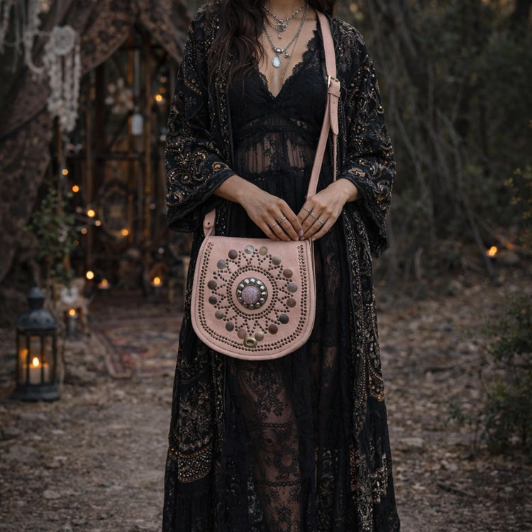 Boho Leather Crossbody Bag: Mandala, Crystals & Coins