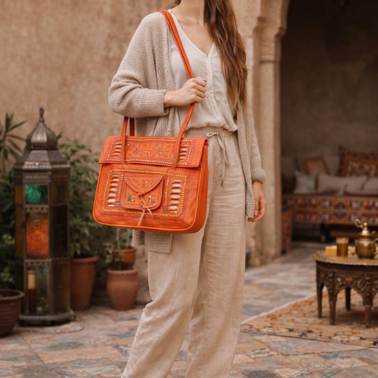 Moroccan Leather Shoulder Bag and Wallet Set: Boho Chic Purse