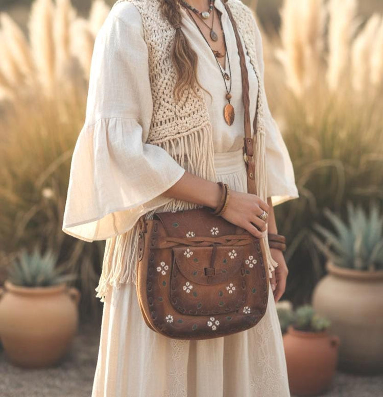 Rare 70s Vintage Leather Bag, Hand Painted Floral Purse, Hippie Shoulder Bag, Tan Leather Satchel, Boho Festival Handbag
