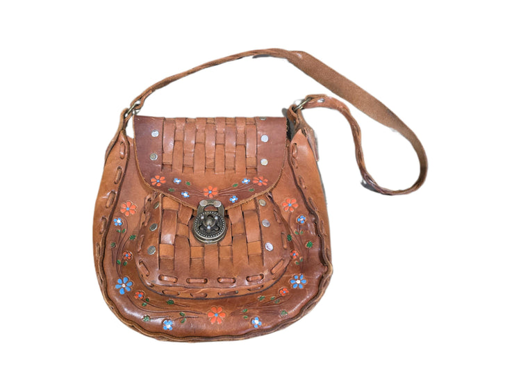Rare 70s Vintage Boho Leather Bag, Hand Painted Floral Purse, Cottagecore Folk Handbag, Hippie Festival Satchel