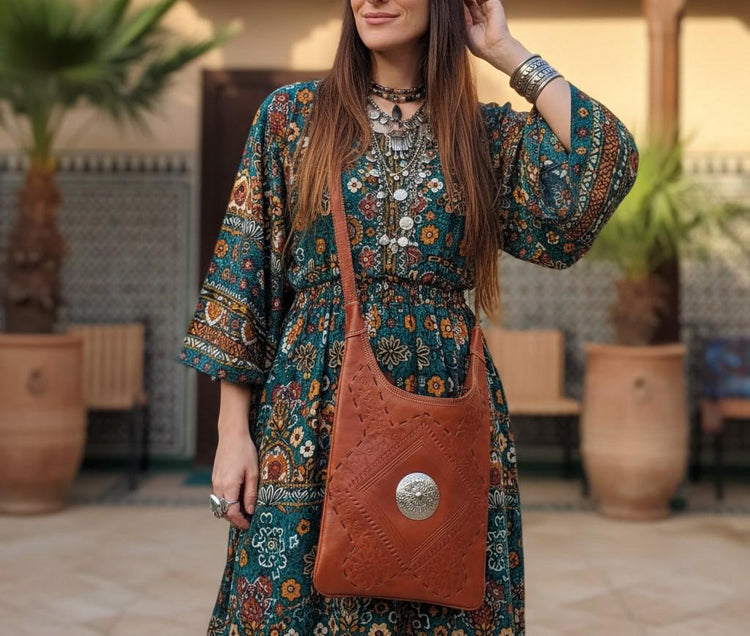 Tooled Leather Crossbody Bag, Boho Shoulder Tote, Vintage Moroccan Style Purse, Tan Leather Handbag, Artisan Crafts