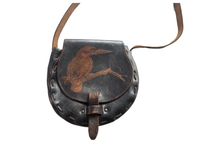 1970s Tooled Leather Saddle Bag, Kingfisher Bird Art Purse, Handmade Boho Satchel, Twitcher Gift