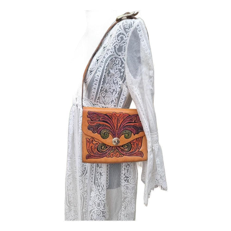Tooled Leather Floral Shoulder Bag: Hand-Painted Art Nouveau, Vintage Mini Tote