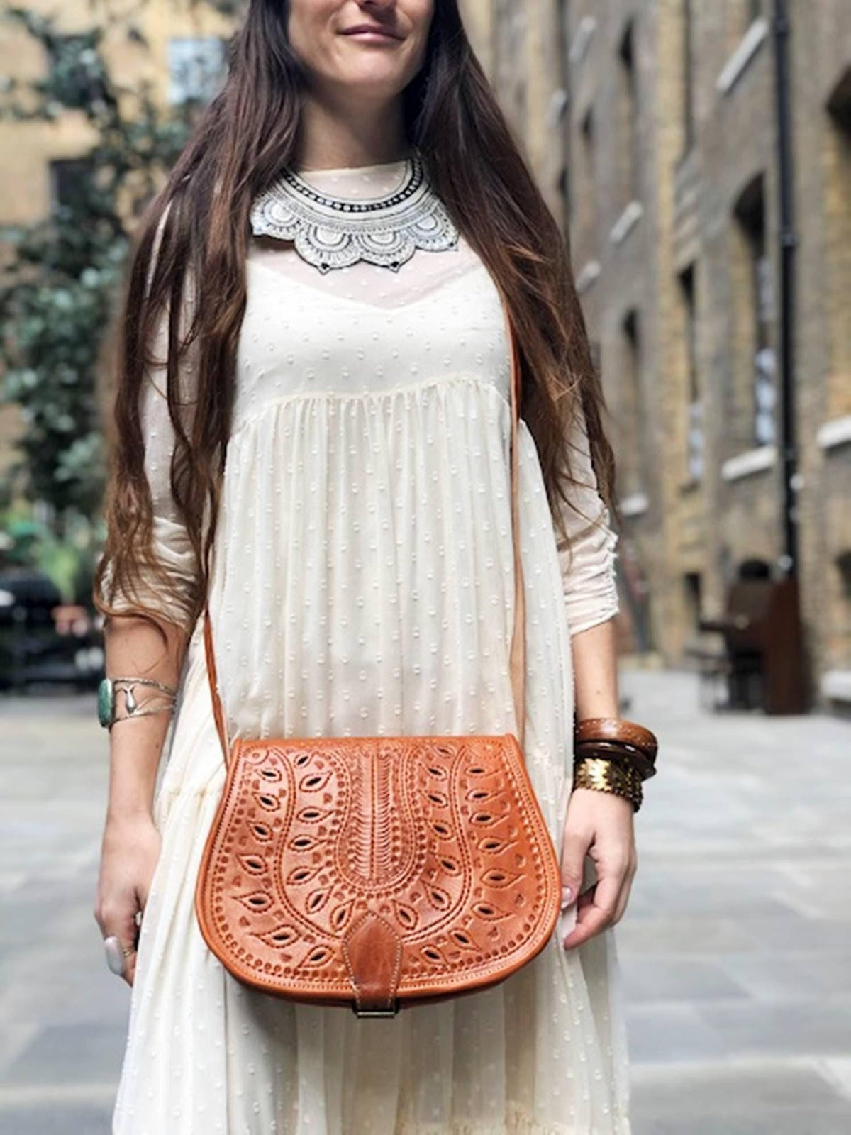 Moroccan Leather Crossbody Bag Floral Cut Out Boho Purse Handmade Berber Shoulder Bag Tan Brown Festival Satchel