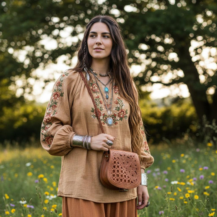 Floral Tooled Leather Crossbody Bag: Handmade Moroccan Boho Purse