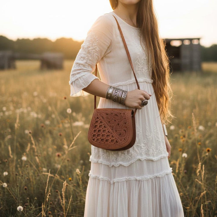 Floral Tooled Leather Crossbody Bag: Handmade Moroccan Boho Purse