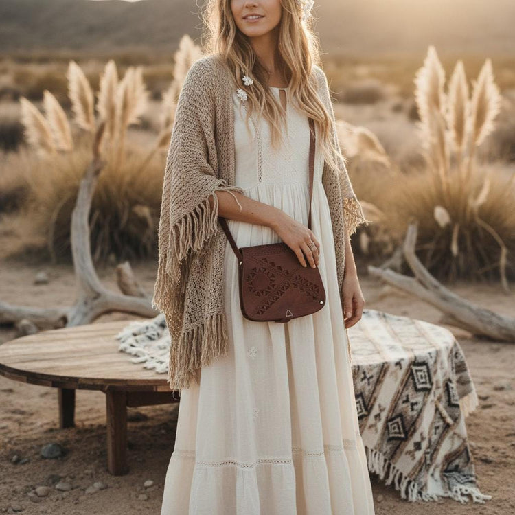 Small Leather Crossbody Bag, Moroccan Saddle Bag, Boho Leather Purse, Tooled Cutout Bag, Western Festival Bag, Brown Leather Satchel