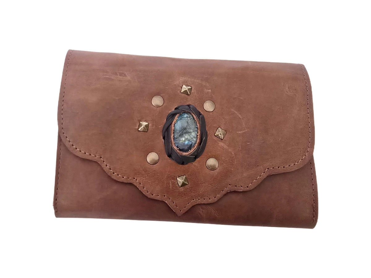 Large Trifold Leather Wallet Women with Labradorite Stone, Full Grain Leather Purse, Boho Coin Wallet, Unique Gift for Her