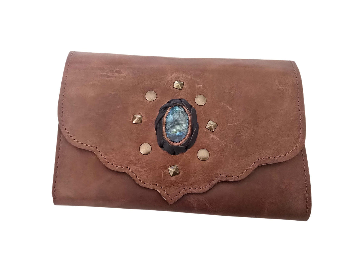 Large Trifold Leather Wallet Women with Labradorite Stone, Full Grain Leather Purse, Boho Coin Wallet, Unique Gift for Her