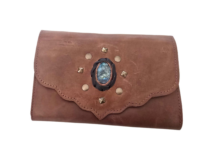 Large Trifold Leather Wallet Women with Labradorite Stone, Full Grain Leather Purse, Boho Coin Wallet, Unique Gift for Her