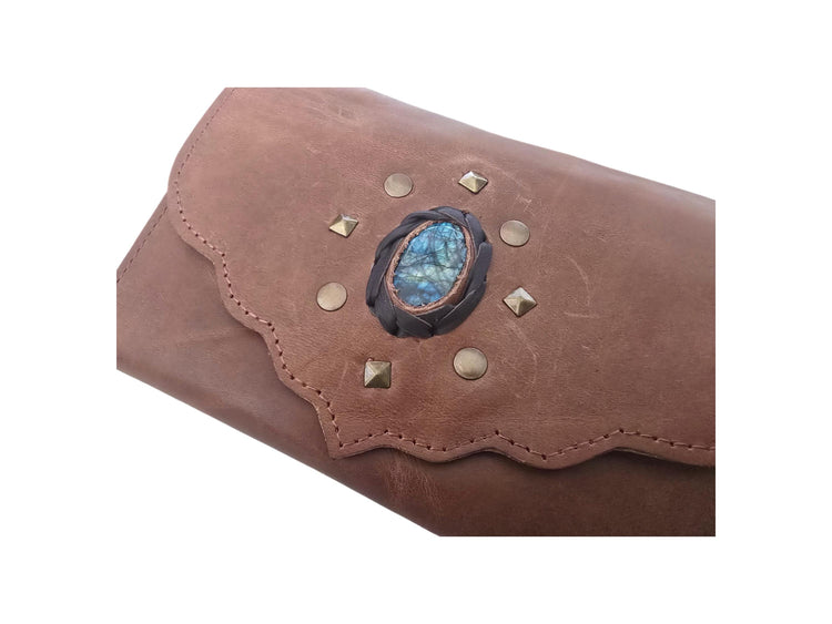 Large Trifold Leather Wallet Women with Labradorite Stone, Full Grain Leather Purse, Boho Coin Wallet, Unique Gift for Her