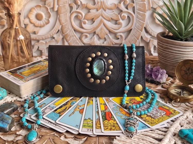 Labradorite Leather Tobacco Pouch, Small Clutch Wallet, Boho Tobacco Case, Weed Smoking Kit, Handmade Travel Organiser