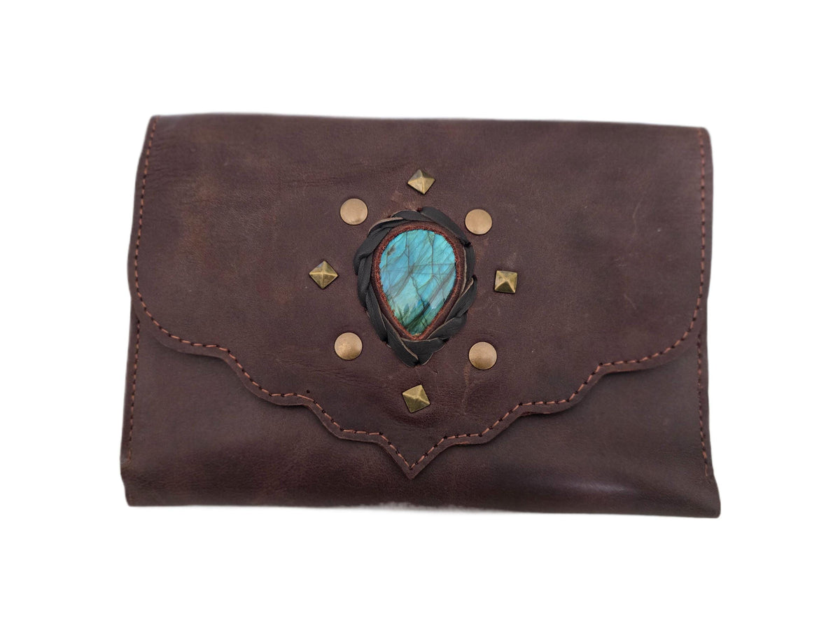 Large Leather Wallet Women with Labradorite Stone, Boho Leather Clutch, Unique Womens Wallet, Handmade Leather Purse, Healing Crystals