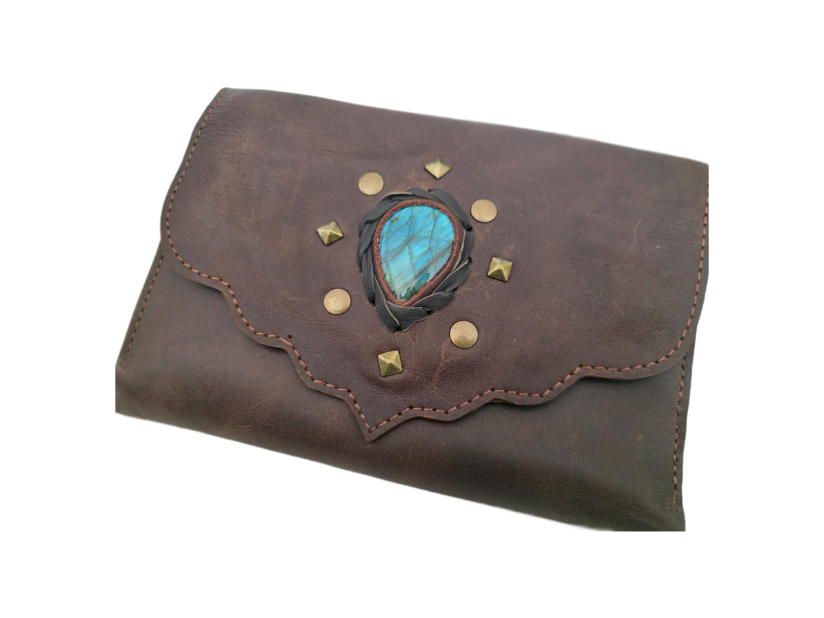 Large Leather Wallet Women with Labradorite Stone, Boho Leather Clutch, Unique Womens Wallet, Handmade Leather Purse, Healing Crystals