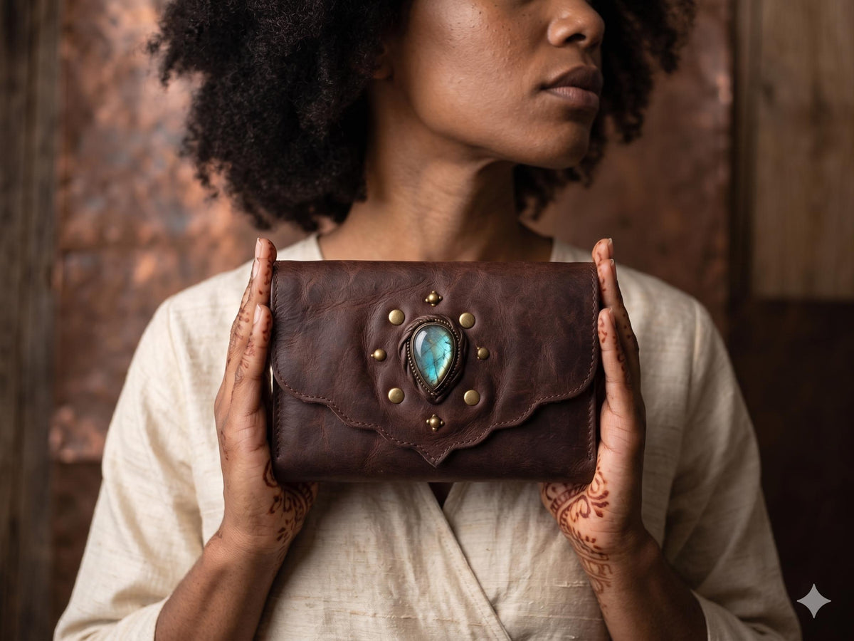 Large Leather Wallet Women with Labradorite Stone, Boho Leather Clutch, Unique Womens Wallet, Handmade Leather Purse, Healing Crystals